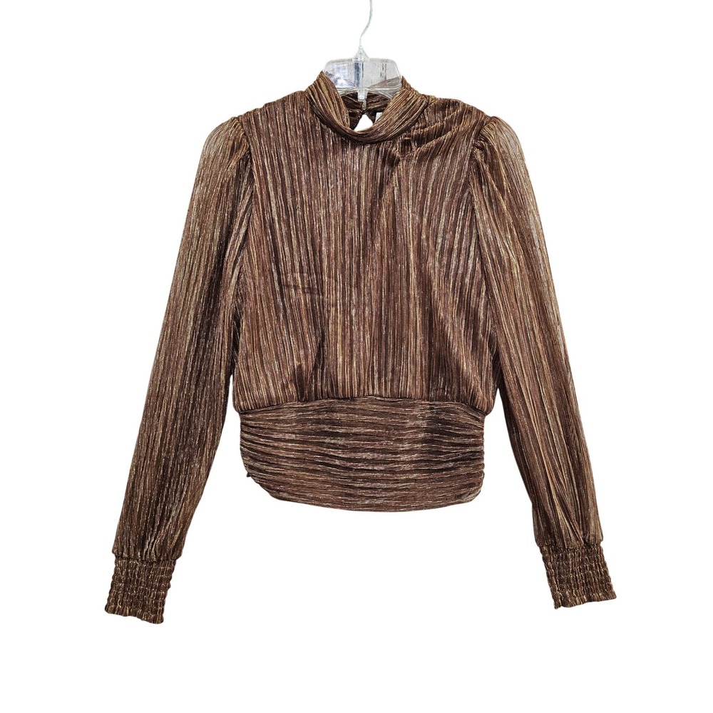 Joie Metallic Blouse Women Small Bronze Gold Pleated Mock Neck Smocked Waist Top